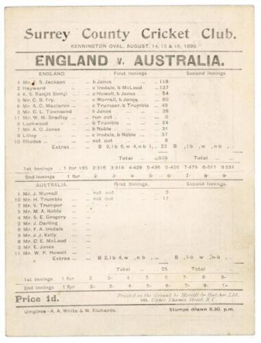 ‘England v Australia’ 1899. Original early scorecard for the 5th Test match played at Kennington Oval, 14th-16th August 1899. The scorecard with incomplete printed scores. England batted first and F.S. Jackson (118) and Tom Hayward (137) put on 185 for th