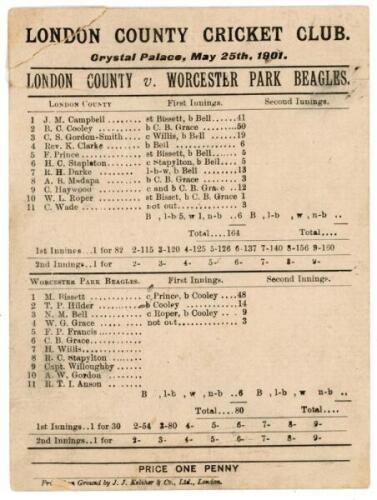 ‘London County v. Worcester Park Beagles’ 1901. Original early and rarer double sided scorecard for the match played at Crystal Palace, 25th May 1901. The scorecard with printed scores showing London County’s innings of 164 and Worcester Park Beagles at 8