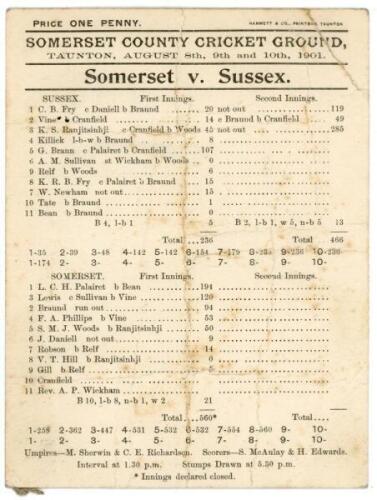 ‘Somerset v. Sussex’ 1901. Ranji’s highest score. Original early and rare double sided scorecard for the match played at the County Ground, Taunton, 8th- 10th August 1901. The scorecard with complete printed scores in a high scoring match in which Sussex 