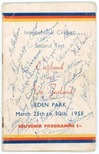 M.C.C. tour of New Zealand 1954/55. Official programme for the second Test match played at Eden Park, 25th-30th March 1955. Signed in ink to the front cover by all twenty two members of both teams. England signatures include Simpson, Graveney, May, Cowdre