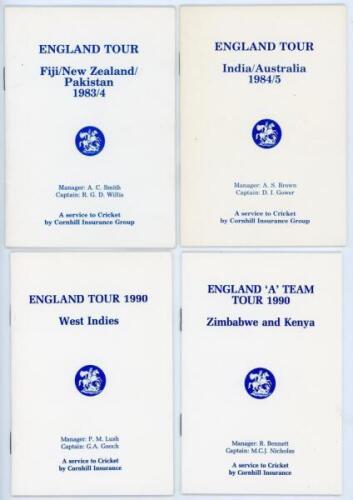 England tour itineraries 1983-1990. Four official players’ itineraries for the tours to Fiji, New Zealand & Pakistan 1983/84, India & Australia 1984/85, West Indies 1990, and England ‘A’ to Zimbabwe & Kenya 1990. Each booklet with list of players, itinera