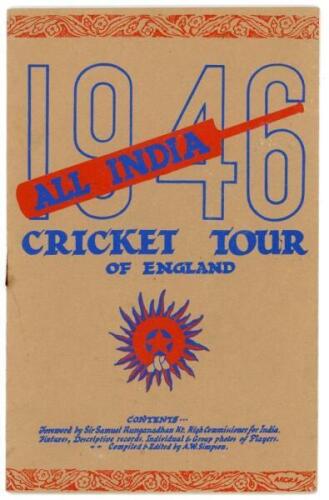 ‘All India Cricket Tour of England 1946’. Official souvenir brochure for the Indian tour of England. Edited by A.W. Simpson. Pictorial covers. Fully signed to inside pen/profile pictures in ink by all sixteen members of the Indian tourists plus the manage