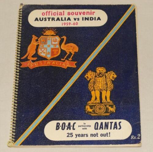 Australia tour to India 1959/60. Official souvenir pre-tour brochure published by The Board of Control for Cricket in India. Comprises biographies of the members of the Australian touring party and Indian players, scorecards, advertising etc. Spiral-bound