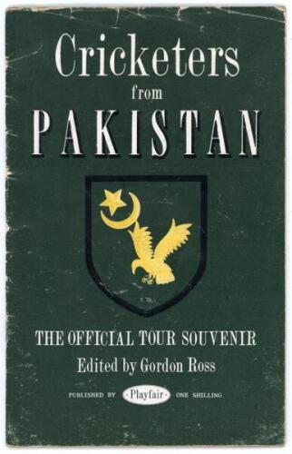 ‘Cricketers from Pakistan’. Official Playfair tour brochure for the Pakistan tour of England 1954. Edited by Gordon Ross. Signed in ink to pen pictures by seventeen members of the touring party including Kardar, Mahmood, Imtiaz, Hanif Mohammad, Alim-Ud-Di