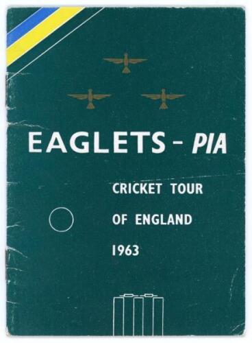 Pakistan ‘Eaglets’ tour of England 1963. Small souvenir tour booklet issued by PIA (Pakistan International Airlines) comprising pen pictures and tour programme. Fully signed by all nineteen members of the Pakistan touring party. Signatures include Wazir M