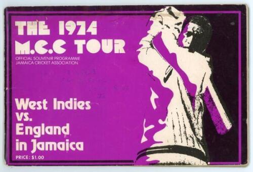 ‘The 1974 M.C.C. Tour. West Indies vs. England in Jamaica’. Official souvenir tour brochure produced by the Jamaica Cricket Association. Fully signed to the pen pictures by all seventeen members of the England touring party, and all fifteen featured West 