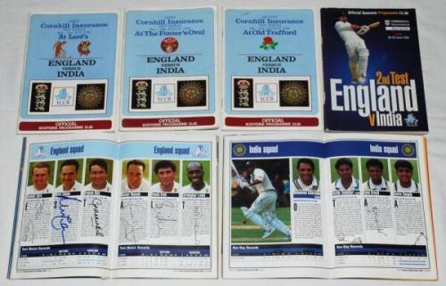 England v India 1990 and 1996. Six official programmes, each multi-signed by players and some umpires. First Test, Lord&rsquo;s 26th- 31st July 1990 (14 signatures), Second Test, Old Trafford 9th- 14th August 1990 (16), Third Test, The Oval 23rd- 28th August 19