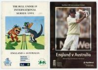 England v Australia Under 19 series 1991 and 1999. Two official programmes/ brochures. One for ‘The Bull Under 19 International Series 1991 signed by fifteen members of the Australian touring party and fifteen England players, and the NatWest One Day Inte