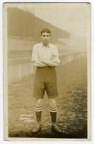 A.C. Cousins. Tottenham Hotspur 1907/08. Sepia real photograph postcard of Cousins, full length, in Spurs attire with stand behind. Jones Brothers of Tottenham. Postally unused. Minor wear to corners otherwise in good/very good condition. Rare.