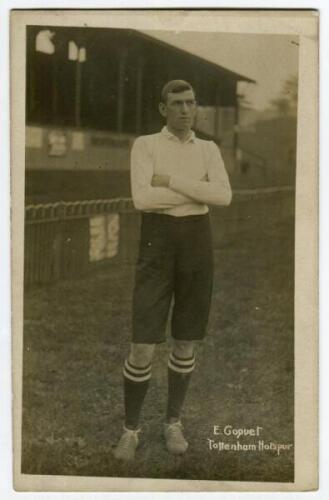 Ernest Coquet. Tottenham Hotspur 1908-1911. Early mono real photograph postcard of Coquet, full length, in Spurs shirt. Title to lower border ‘E. Coquet. Tottenham Hotspur’. Jones Bros, Tottenham. Postally unused. Image a lttle darkened otherwise in good 