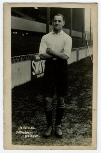 Robert Loudon Steel. Tottenham Hotspur 1908-1919. Early mono real photograph postcard of Steel, full length, in Spurs attire. Title to lower border ‘T. Morris. Tottenham Hotspur’. F.W. Jones, Tottenham. Odd minor faults to postcard otherwise in good condi