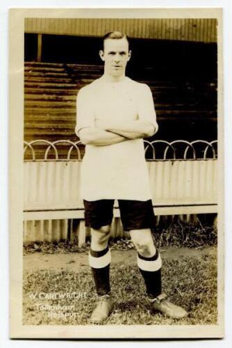 William Cartwright. Tottenham Hotspur 1913. Sepia real photograph postcard of Cartwright, full length, in Spurs attire. Jones Brothers of Tottenham. Postally unused. Odd minor faults otherwise in good/very good condition. Rare.