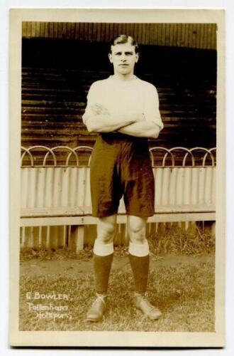 George Henry Bowler. Tottenham Hotspur 1913-1919. Early mono real photograph postcard of Bowler, full length, in Spurs attire. Title to lower border ‘G. Bowler. Tottenham Hotspur’. F.W. Jones, Tottenham. Postally unused. Minor surface marks to image other