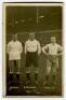 Arthur Grimsdell. Tottenham Hotspur 1912-1929, James Cantrell. Tottenham Hotspur 1912-1922 and Herbert Bliss. Tottenham Hotspur 1912-1922. Mono real photograph postcard of the three players, full length, in Spurs attire on the pitch in front of a packed W