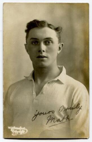 Matthew Forster. Tottenham Hotspur 1920-1929. Excellent mono real photograph postcard of Forster, half length, in Spurs jersey. Nicely signed by Forster ‘Yours truly, Matt’. W.J. Crawford of Edmonton. Postally unused. Light soiling otherwise in good/very 