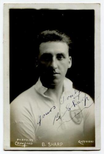 Buchanan Sharp. Tottenham Hotspur 1923-1925. Mono real photograph postcard of Sharp, half length, in Spurs shirt. Signed in ink ‘Yours truly’. W.J. Crawford of Edmonton. Very good condition Postally unused. Rare.