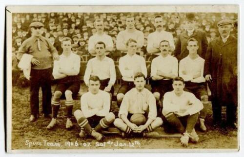 Tottenham Hotspur F.C. 1906/07. Rare early sepia real photograph postcard of the team playing staff and officials, standing and seated in rows, with title ‘Spurs Team 1906-07. Saturday Jan 12th’ printed to lower border. Postcard by Jones Bros of Tottenham