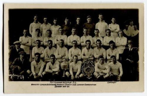 Tottenham Hotspur 1919/20. Mono real photograph postcard of the team and officials standing and seated in rows, with title printed to lower border ‘Tottenham Hotspur F.C. Winners- League II Division, Norwich Charity Cup, London Combination. Season 1919/20