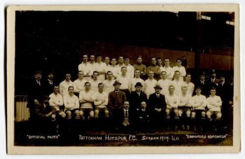 Tottenham Hotspur F.C. 1919/20. Mono real photograph postcard of the team and officials and directors, standing and seated in rows, with title printed to lower border ‘Official Photo. Tottenham Hotspur F.C. Season 1919-20’. Crawford, Edmonton. Postally un