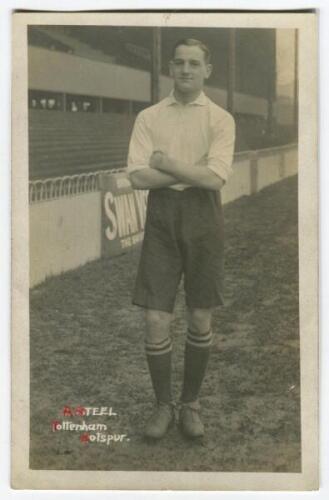 Robert Loudon Steel. Tottenham Hotspur 1908-1919. Early mono real photograph postcard of Steel, full length, in Spurs attire. F.W. Jones, Tottenham. Some text to lower border overwritten in red ink otherwise in good condition.