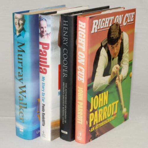 Signed sporting autobiographies/ biographies. Four original hardbacks with good dustwrappers, each signed by the subject. Titles are &lsquo;Right On Cue&rsquo;, John Parrott, London 1991. &lsquo;Henry Cooper&rsquo;, Robert Edwards, London 2002. &lsquo;Unless I&rsquo;m Very Much Mistaken&rsquo;, M