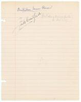 Jack Crawford, Australian tennis champion. Ruled page signed in ink by Crawford. Sold with two similar pages of 1959 Davis Cup players, one signed by five members of the Great Britain team, the other by three members of the Chile team. Signatures include 