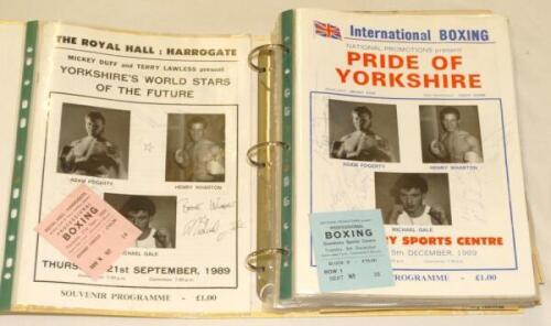 Signed boxing programmes 1989-1996. File comprising seventeen official programmes, also press cuttings and newspaper sports sections, and the odd handbill with good Henry Wharton coverage. The majority of programmes are signed or multi-signed to the front