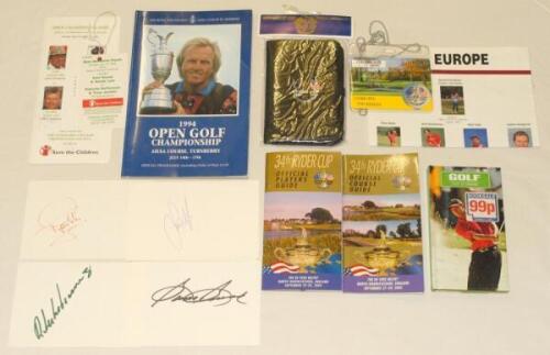 The Open Championship 1994 and 34th Ryder Cup, The Belfry 2001. Official programme for the 1994 Open Championship at Turnberry, signed to pages by twelve players, Jose Maria Olazabal, Ernie Els, David Frost, Nick Price, John Cook, Ian Baker-Finch, Mark Mc