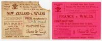 Rugby Union international tickets 1924 & 1929. New Zealand ‘Invincibles’ tour of Britain, Ireland and France 1924/35. Original ‘Press (Complimentary)’ ticket for the match v Wales at St. Helens Ground, Swansea, 29th November 1924. New Zealand won 19-0. Lo