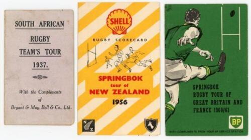 Rugby Union. South African tour itineraries 1937-1961. Three original folding fixture cards for tours to New Zealand 1937 issued by Bryant & May, to New Zealand 1956 issued by Shell, and to Great Britain and France 1960/61 issued by BP. Two with handwritt