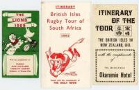 Rugby Union. British Lions tour itineraries 1959-1971. Three original folding fixture/ itinerary cards for tours to New Zealand 1959 ‘with the compliments of Tasman Pulp and Paper Company’, to South Africa 1962, issued by The Daily News, and to New Zealan