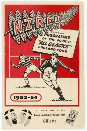 Rugby Union. ‘Souvenir Programme of the Fourth “All Blacks” England Tour 1953-54’. Published by Planet Publicity, printed by The Courtney Press, London. Advertisement to rear wrapper for Simpson of Piccadilly. Light vertical fold and minor wear. Sold with