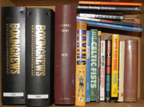 Boxing books and magazines. Box comprising fifteen boxing books, the majority hardbacks with good dustwrappers, including one signed title, &lsquo;Jack Kid Berg. The Whitechapel Windmill&rsquo;, John Harding, London 1987, signed by Berg. &lsquo;I Had Almost Forgotten..&rsquo;, C