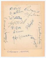 Tottenham Hotspur F.C. 1938/39. Album page signed in ink by thirteen members of the playing staff and trainer. Signatures include A.E. Hall, Cox, Ward, G.W. Hall, Hooper, Spelman, Duncan, Buckingham, Hitchins etc. Page laid down to larger page. G.