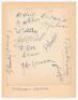 Tottenham Hotspur F.C. 1938/39. Album page signed in ink by thirteen members of the playing staff and trainer. Signatures include A.E. Hall, Cox, Ward, G.W. Hall, Hooper, Spelman, Duncan, Buckingham, Hitchins etc. Page laid down to larger page. G.