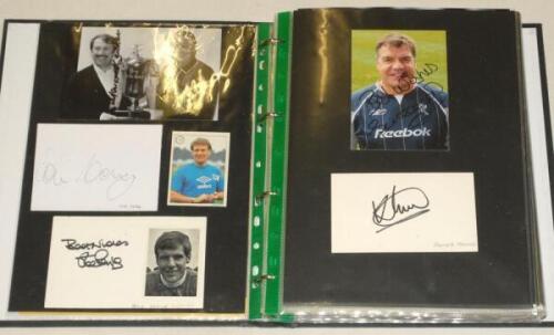 Everton F.C. autographs 1960s-2010s. Black file comprising over 170 signatures of players who have represented or managed Everton, signed to white cards, pieces, cutting images, trade cards, photographs etc. Signatures include Harvey, Royle, Ball, Barber,