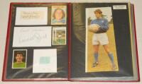 Football autographs 1960s-1980s. Red file comprising over 130 signatures covering Ipswich Town, Leeds United, Leicester City, Manchester City, Newcastle United and Nottingham Forest. Signatures on white cards, pieces, cutting images, trade cards etc. Sign