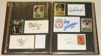 Football autographs 1970s-2000s. Brown file comprising over 110 signatures of players who have represented Liverpool and Newcastle United. Signatures on white cards, photographs, trade cards, cuttings etc. Signatures include Aldridge, Bellamy, Case, Fairc