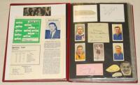 England Football autographs 1930s-1970s. Red file comprising over 130 signatures of players, the majority of whom have represented England in internationals. Signatures on pieces (some laid down), pages, cuttings, white cards, trade cards etc. Signatures 