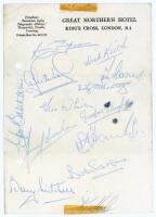 Newcastle United c.1958. Great Northern Hotel, King’s Cross, London headed note paper signed in blue ink by thirteen Newcastle United players. Signatures include Ronnie Simpson, George Eastham, Jimmy Scoular, Bobby Mitchell, Bob Stokoe, Ken Hale, Dick Kei