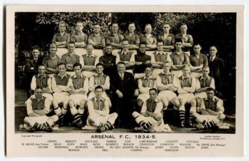 Arsenal Football Club 1934-35’. Mono real photograph postcard of the Arsenal team, staff and management standing and sitting in rows. Title and players names to lower border. Postcard by Lambert Jackson. Postally unused. A nice image. Very good condition.