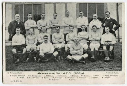 ‘Manchester City Athletic Football Club 1903-04’. Mono printed postcard of the Manchester City team, the Manager and a Director standing and sitting in rows in front of a building. Title and players names to lower border. Postcard by A.H.&S. Manchester. P