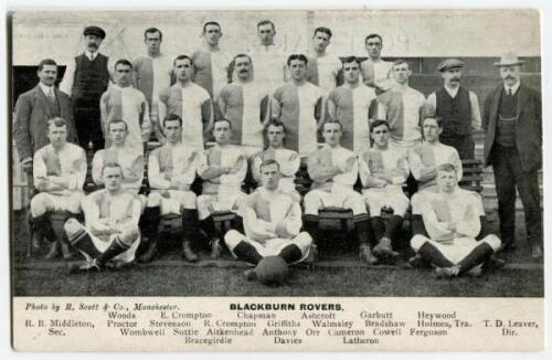 ‘Blackburn Rovers Football Club 1910-11’. Mono printed postcard of the Blackburn team, trainer and Manager, standing and sitting in rows on the pitch. Title and players names to lower border. Postcard by R. Scott & Co of Manchester. Postally unused. Good 