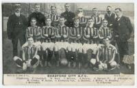 ‘Bradford City Athletic Football Club 1907-08’. Mono printed postcard of the Bradford team, trainer and officials, standing and sitting in rows on the pitch. Title and players names to lower border. Postcard by R. Scott & Co of Manchester. Postally unused