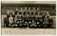 ‘Bradford Park Avenue Football Club 1932-33’. Mono real photograph postcard of the Bradford playing staff and officials, standing and sitting in rows on the pitch with stand. Title and players names to lower border. Evans of Bradford. Postally unused. Goo