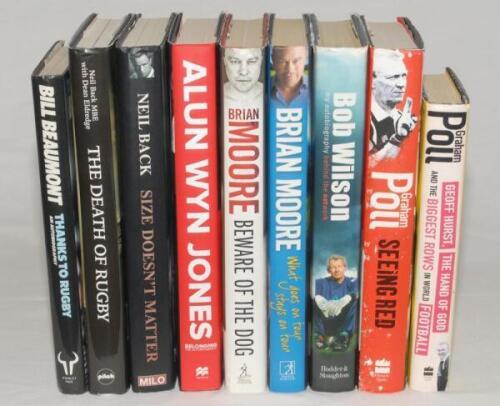 Signed football and rugby biographies. Three football titles, ‘Behind the Network’, Bob Wilson 2003. ‘Seeing Red’, Graham Poll 2004. ‘Geoff Hurst, The Hand of God and the Biggest Rows in Football’, Graham Poll 2009. Six rugby titles, ‘Thanks to Rugby’, Bi