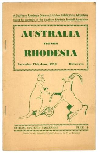 Australian Association Football tour of South Africa & Rhodesia 1950. Official programme for the match Rhodesia v Australia played at Bulawayo, 17th June 1950. Comprises pen pictures of the Australian and Rhodesia teams, statistics, advertising etc. The 4