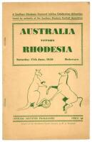 Australian Association Football tour of South Africa & Rhodesia 1950. Official programme for the match Rhodesia v Australia played at Bulawayo, 17th June 1950. Comprises pen pictures of the Australian and Rhodesia teams, statistics, advertising etc. The 4