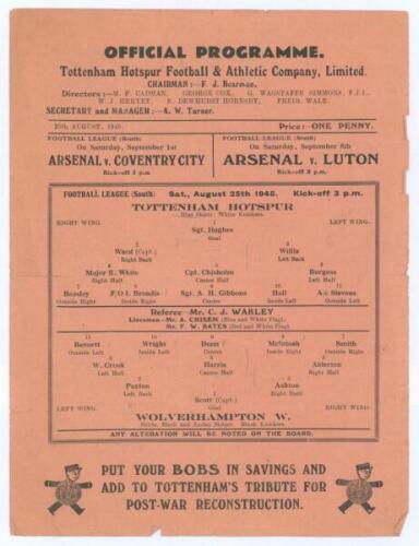 Tottenham Hotspur. Season 1945/46. Seventeen single sheet programmes for home Football League (South) and one F.A. Cup matches v Wolverhampton Wanderers, Leicester City, West Ham United, West Bromwich Albion, Birmingham City, Swansea Town, Brentford, Chel