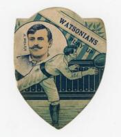 J. Baines. ‘Watsonians. Play Up’. Rare early colour shield shaped trade card with cameo of ‘R. Welsh’ to left hand side and main image of a rugby player making a pass. J. Baines, 15 North Parade, Bradford, probably c.1900s. Advertising for Baines ‘GEM’ f